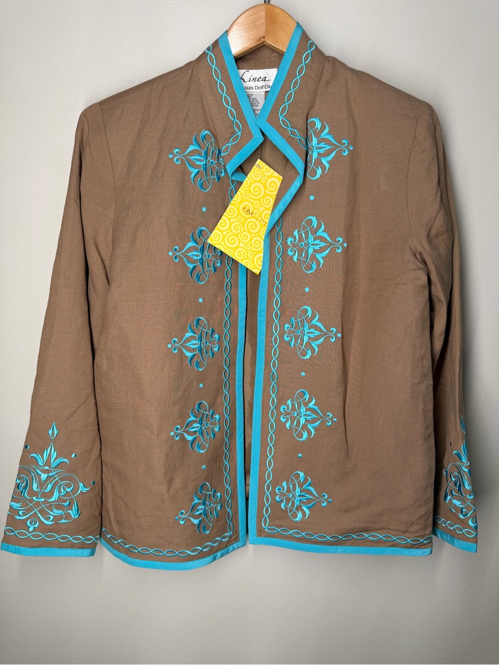 Linea Louis Dell’Olio Linen Blend Embroidered Open Front Jacket Boho Artisan